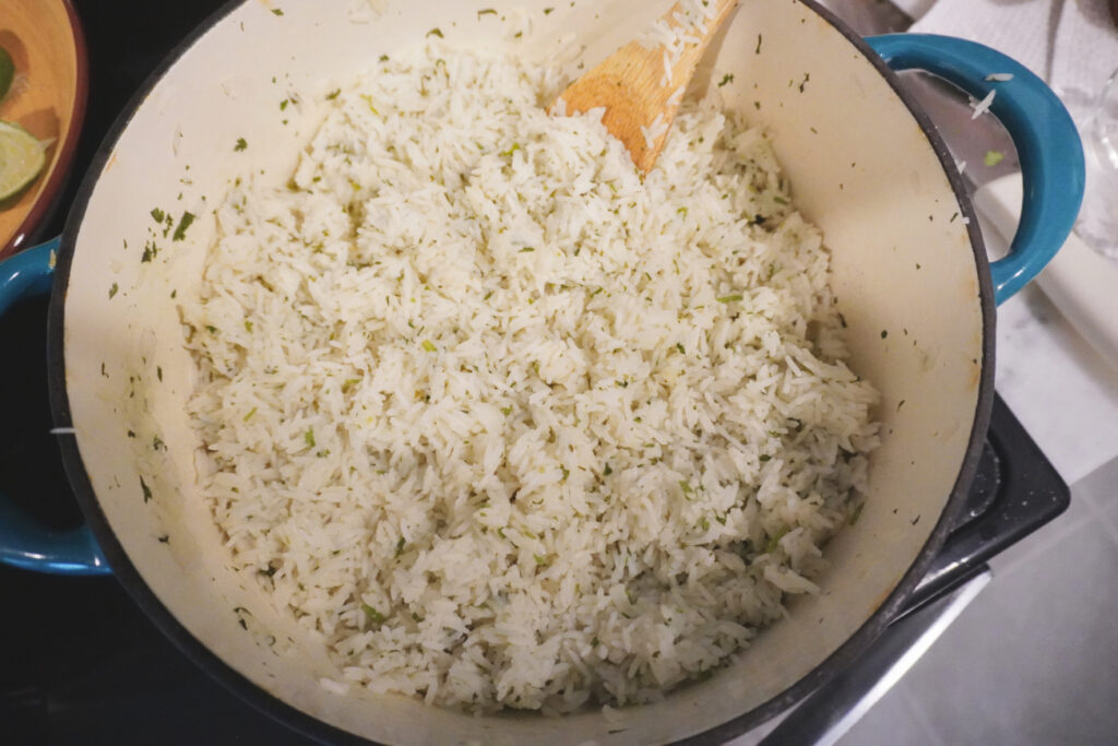 A pot of cilantro lime rice on the stove