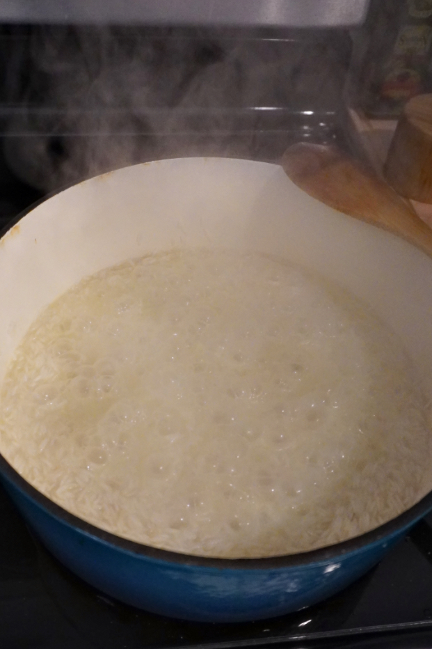 A pot of rice simmering on the stove