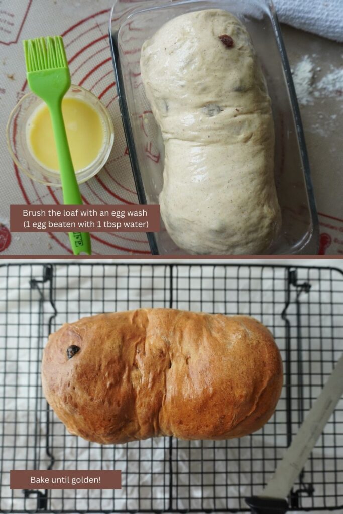 a 2-picture graphic showing an unbaked loaf and a baked loaf