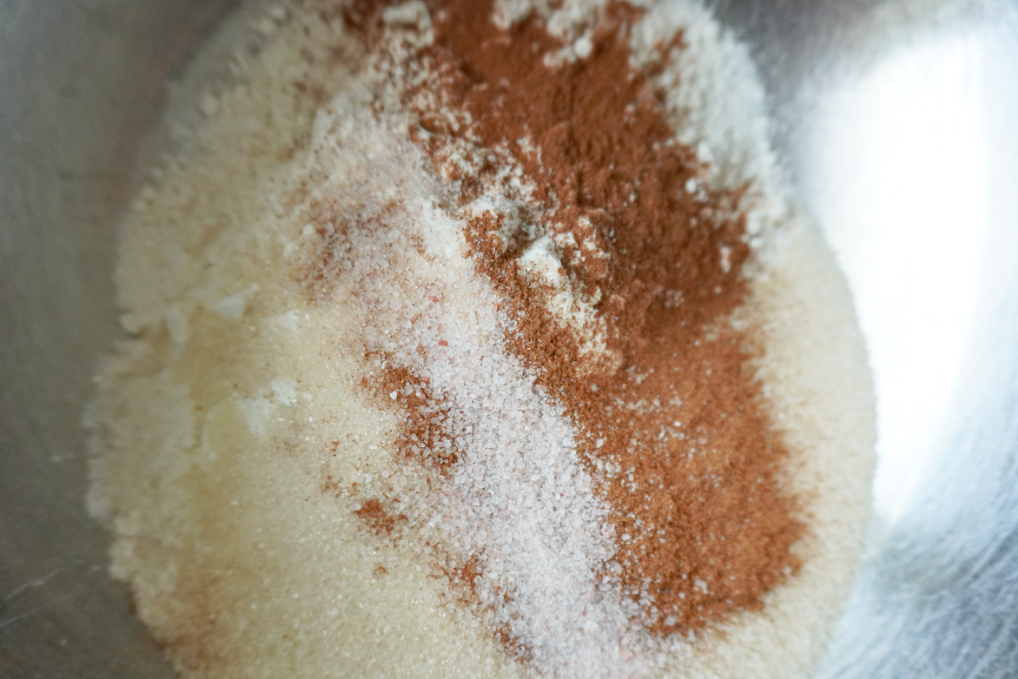 flour, sugar, cinnamon, and salt in a mixing bowl