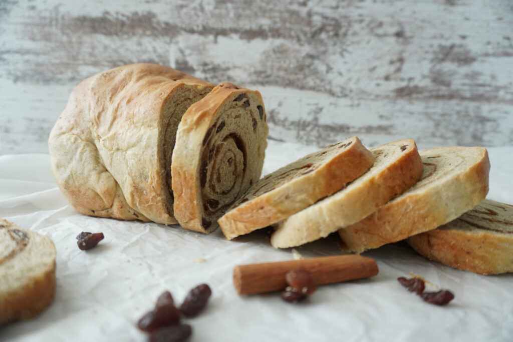 a loaf of sliced cinnamon raisin bread