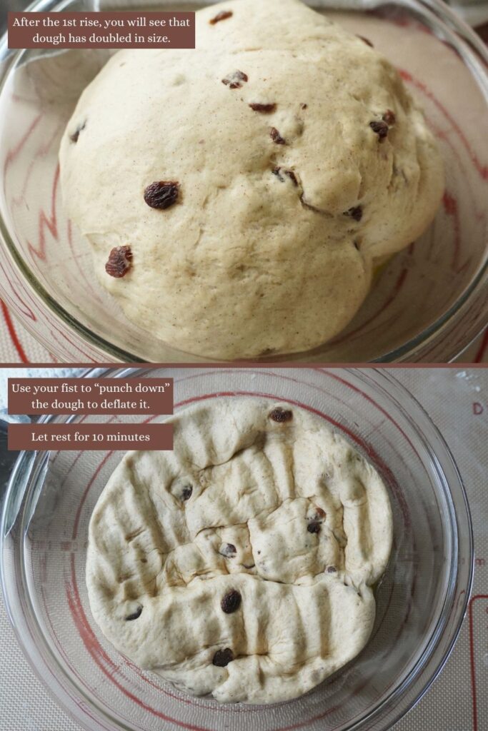 a 2 picture graphic showing how to punch down dough
