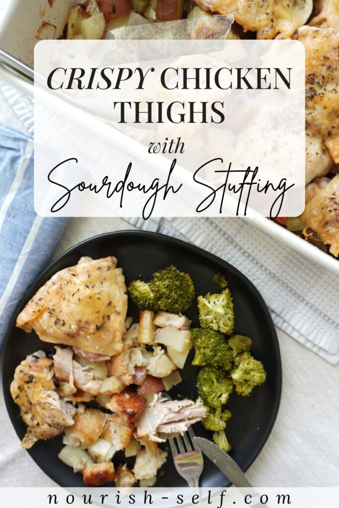 Pinterest Pin for Crispy Chicken Thighs with Sourdough Stuffing