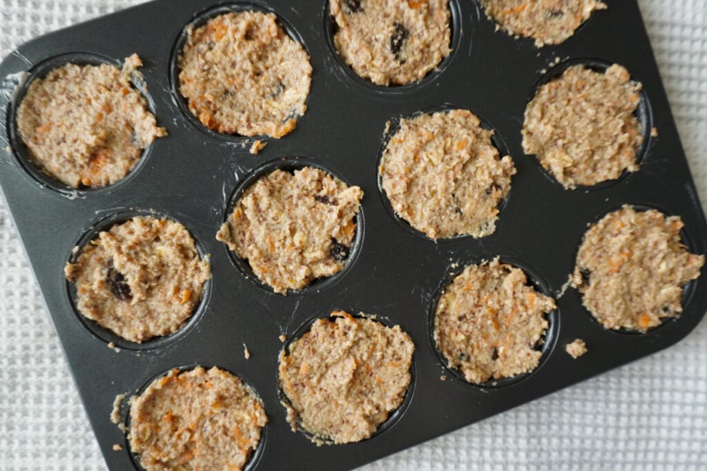 morning glory snack bite batter in a mini muffin pan