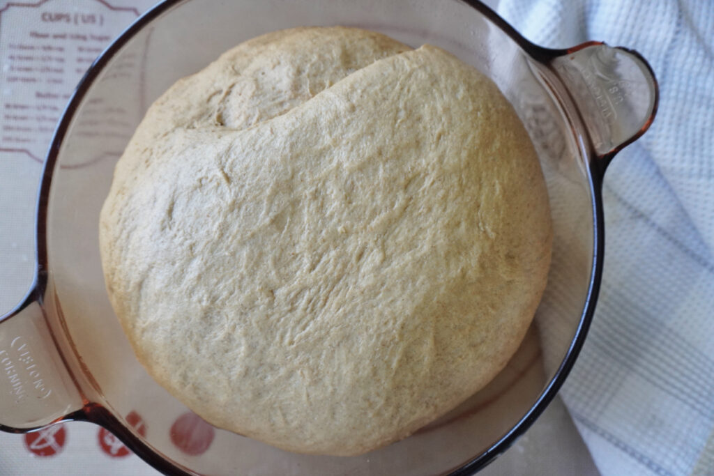 brown bread dough in a bowl that has risen and doubled in size