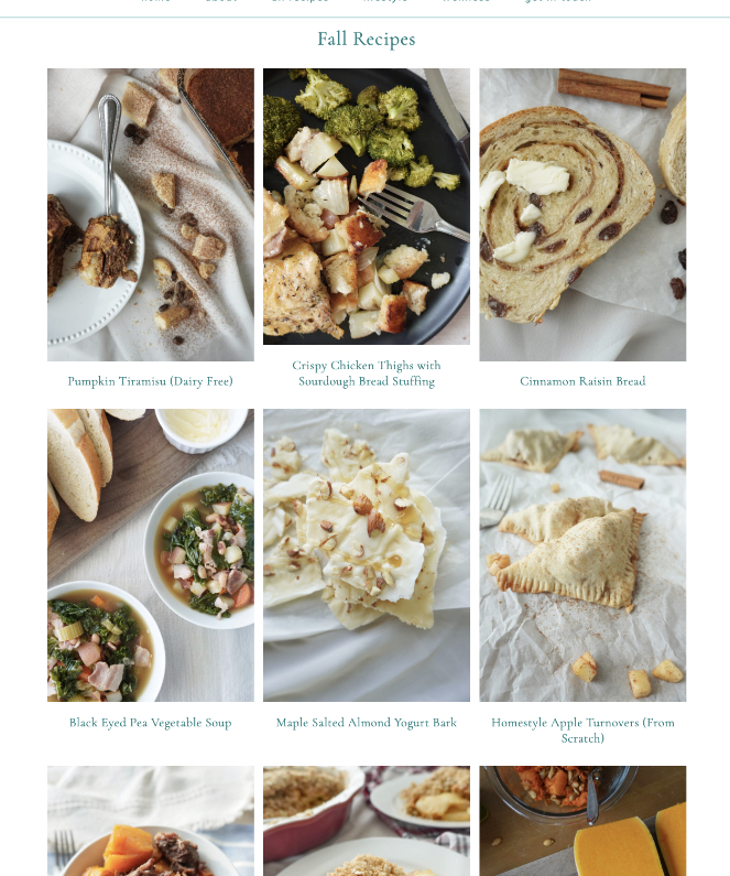 screenshot of the Nourish Yourself blog's fall recipes collection page