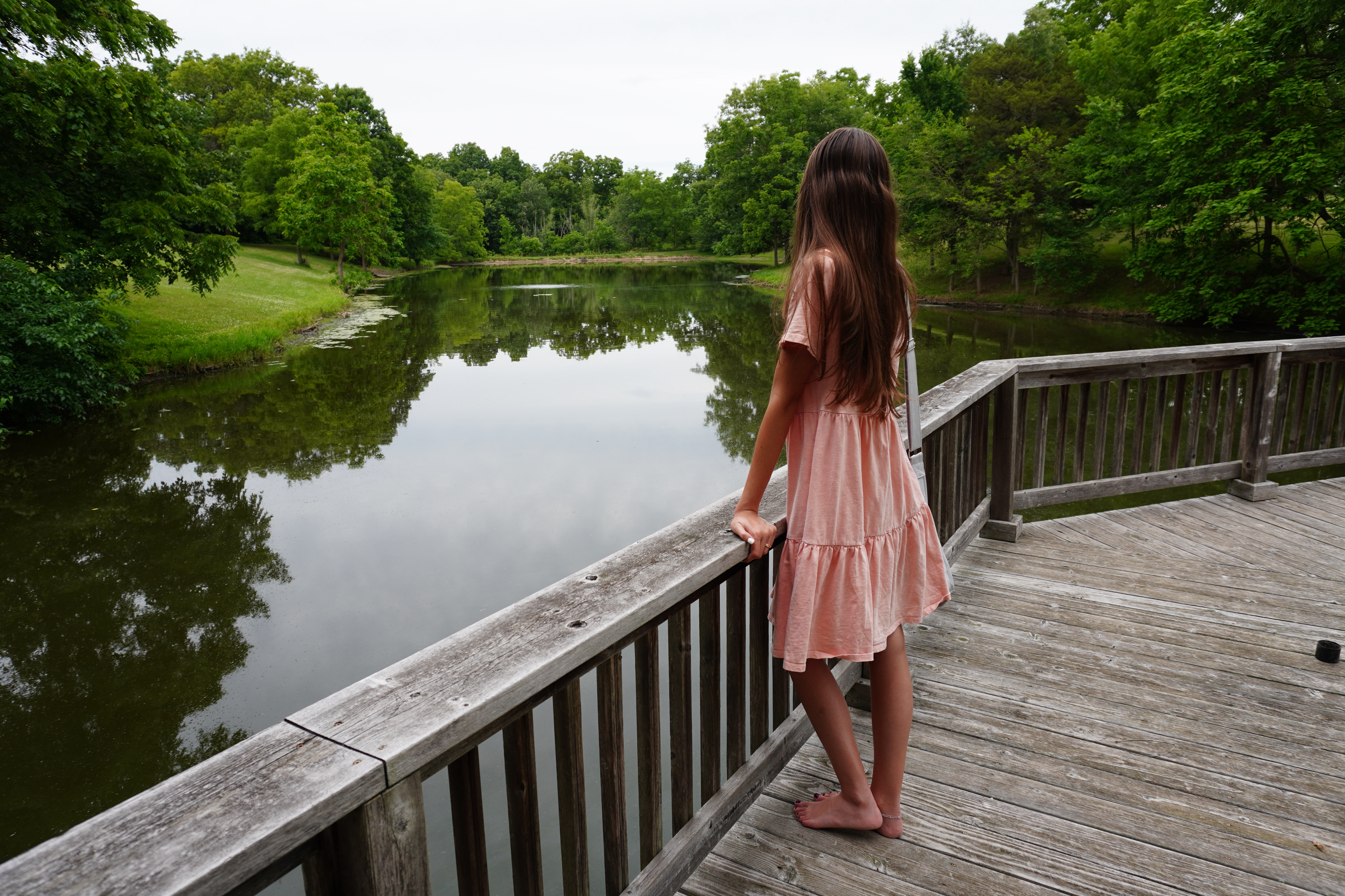 a woman in a pink dress standing on a dock looking out over a lake